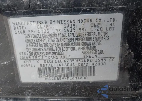 2021 Nissan Versa Sv Xtronic Cvt z USA, uszkodzony, nr VIN 3N1CN8EV4ML891830